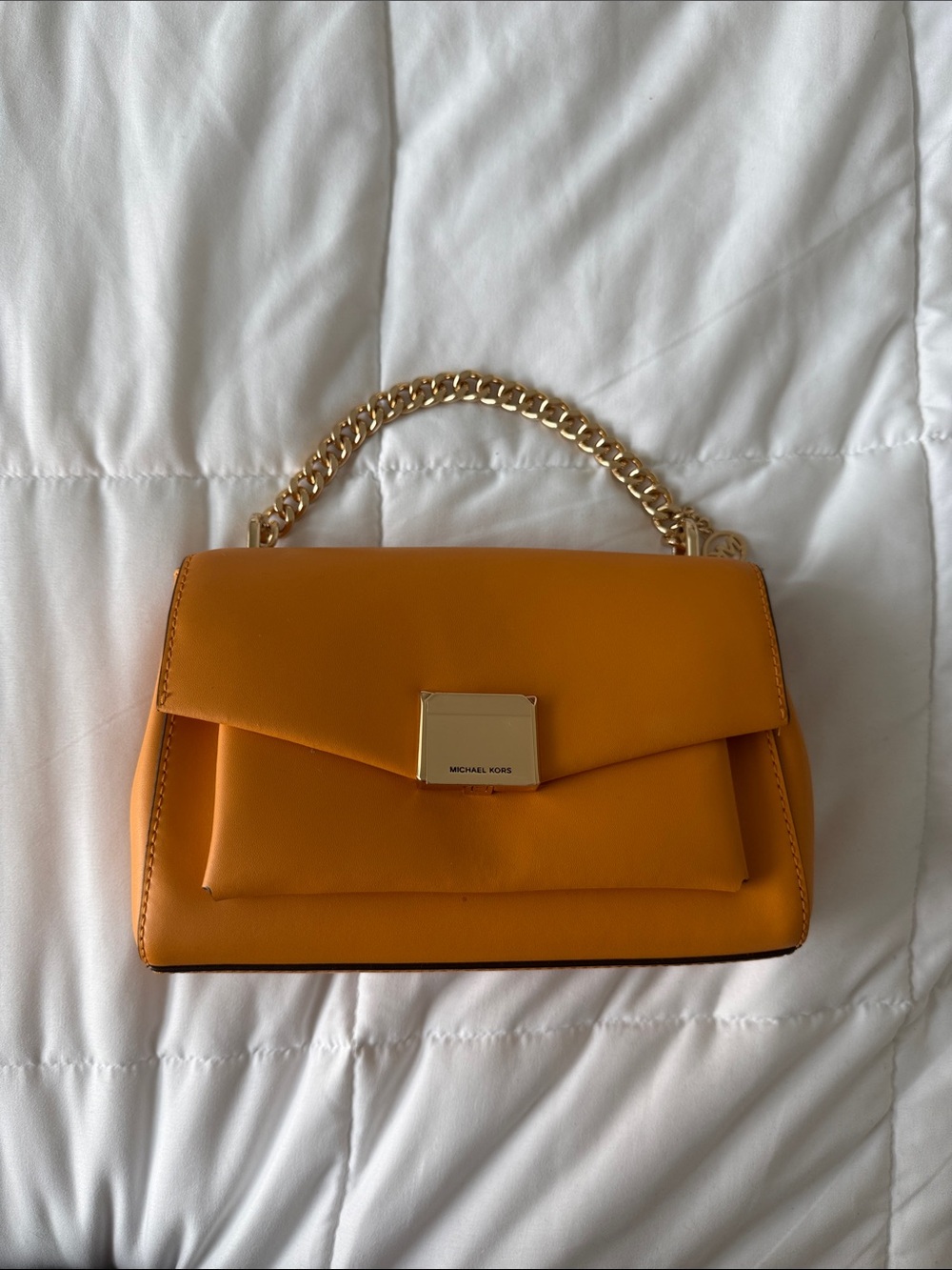 Michael Kors Orange Leather Chain-Handle Satchel with Gold Hardware